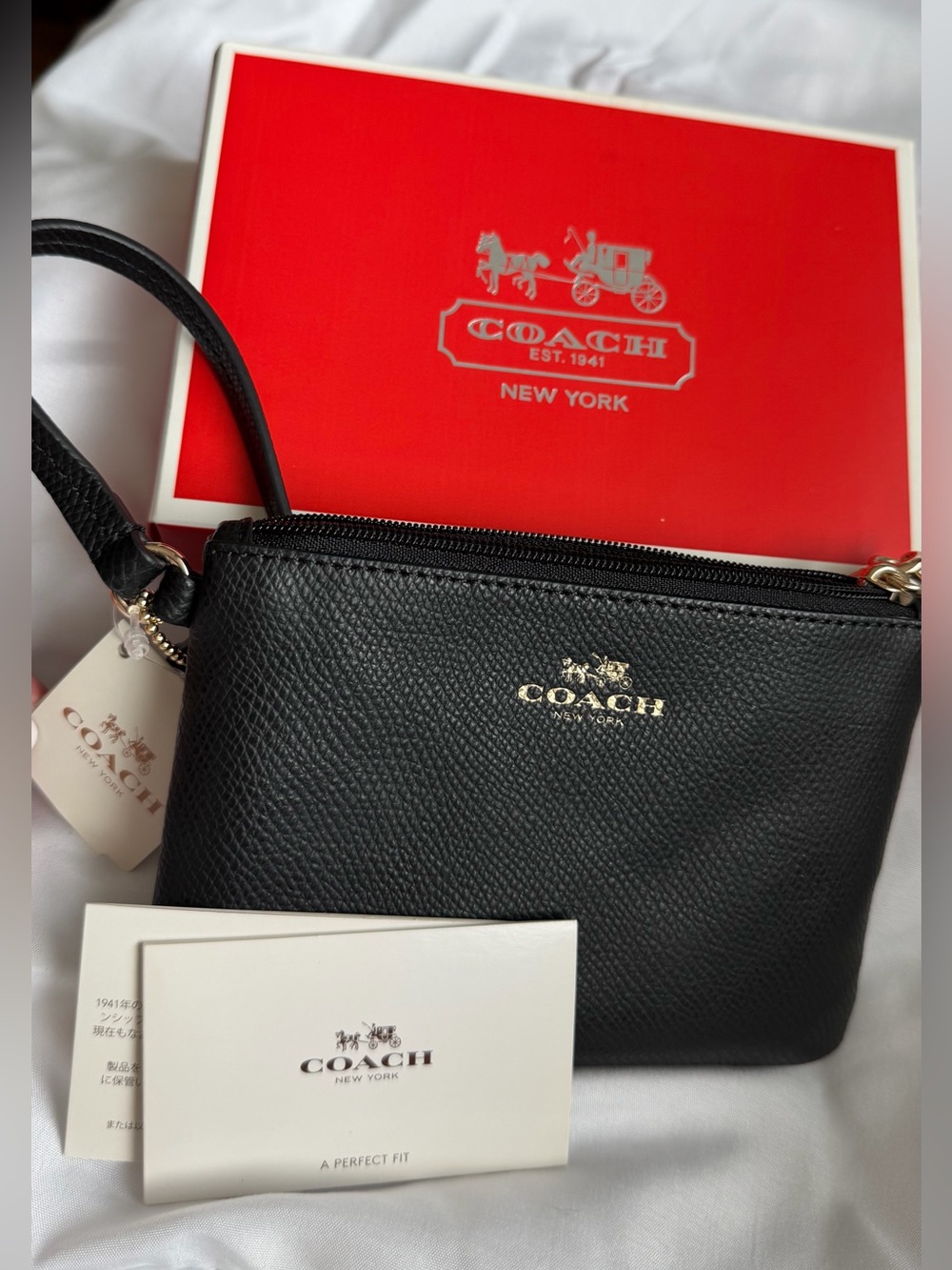 NWT and Box Coach Black Leather Wristlet with Gold Hardware